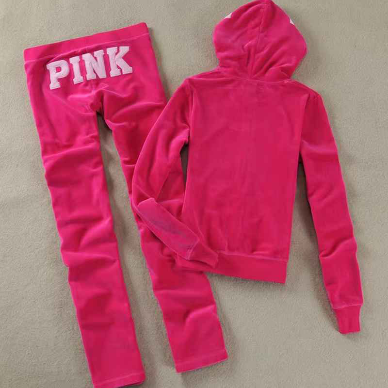 PINK Velvet Tracksuits for Women - Zipper Hoodie and Embroidered Letter Jogger Pants Two-Piece Casual Lounge Set C260312