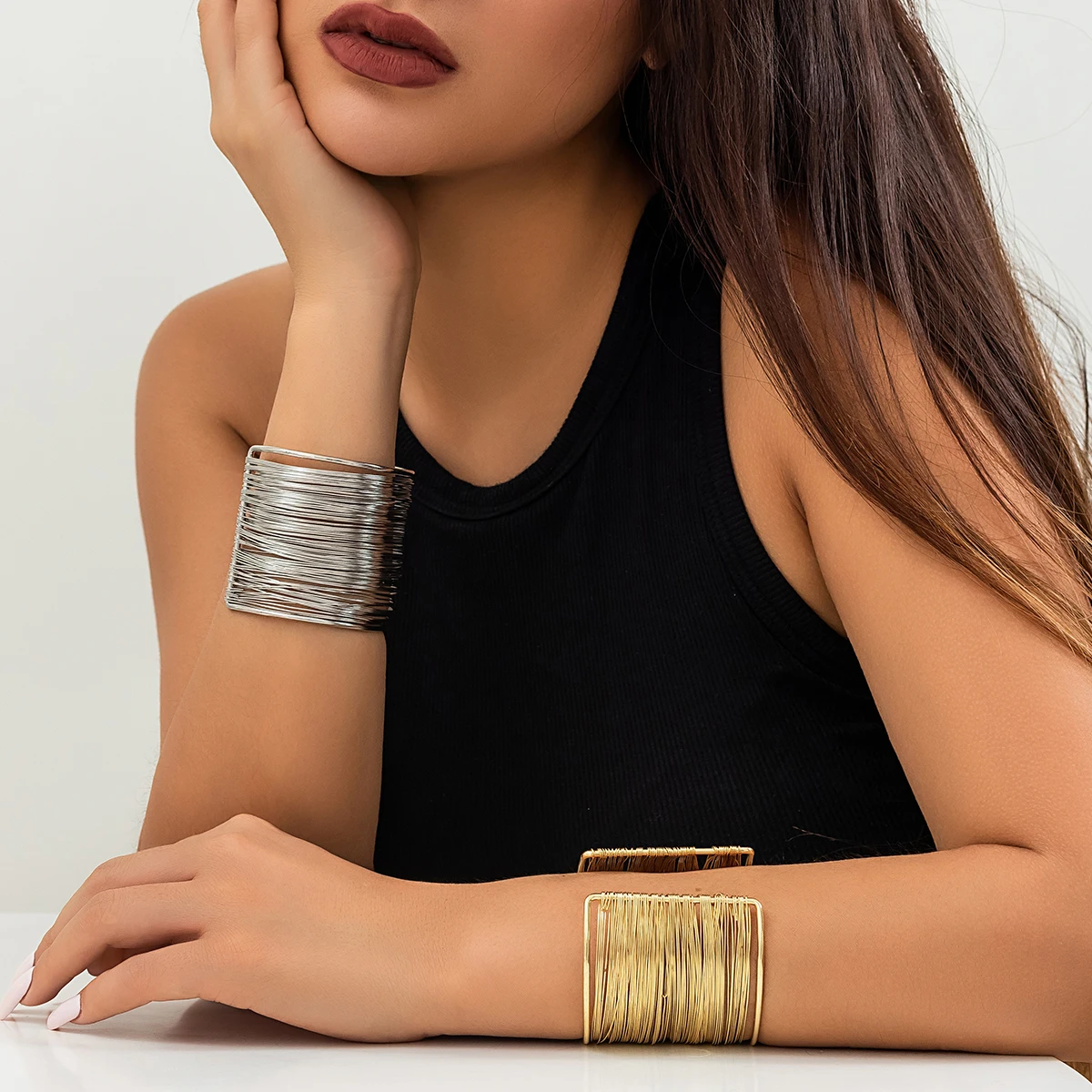 Exaggerated Multilayer Metal Wires Strings Open Bangles for Women Vintage Gold Color Wide Cuff Bracelet Pulseras Steampunk Men