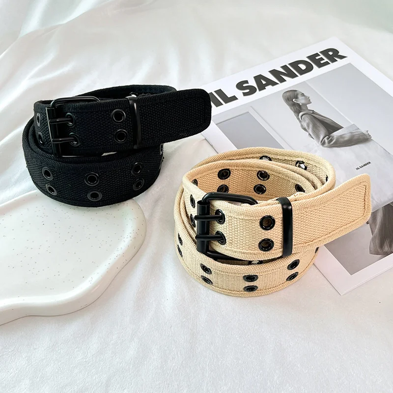 New 2025 Design Haruku Wide Waistband Canvas Web Double Grommet new Hole Buckle Belt Female Male Waist Strap Belts For Women Men