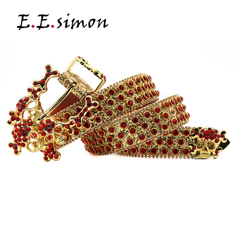 BIG Skull Belts Rhinestones Western Cowboy Cowgirl Sparkle Men Leather Studded Strap Famous Brand Designer Diamond Belt Women