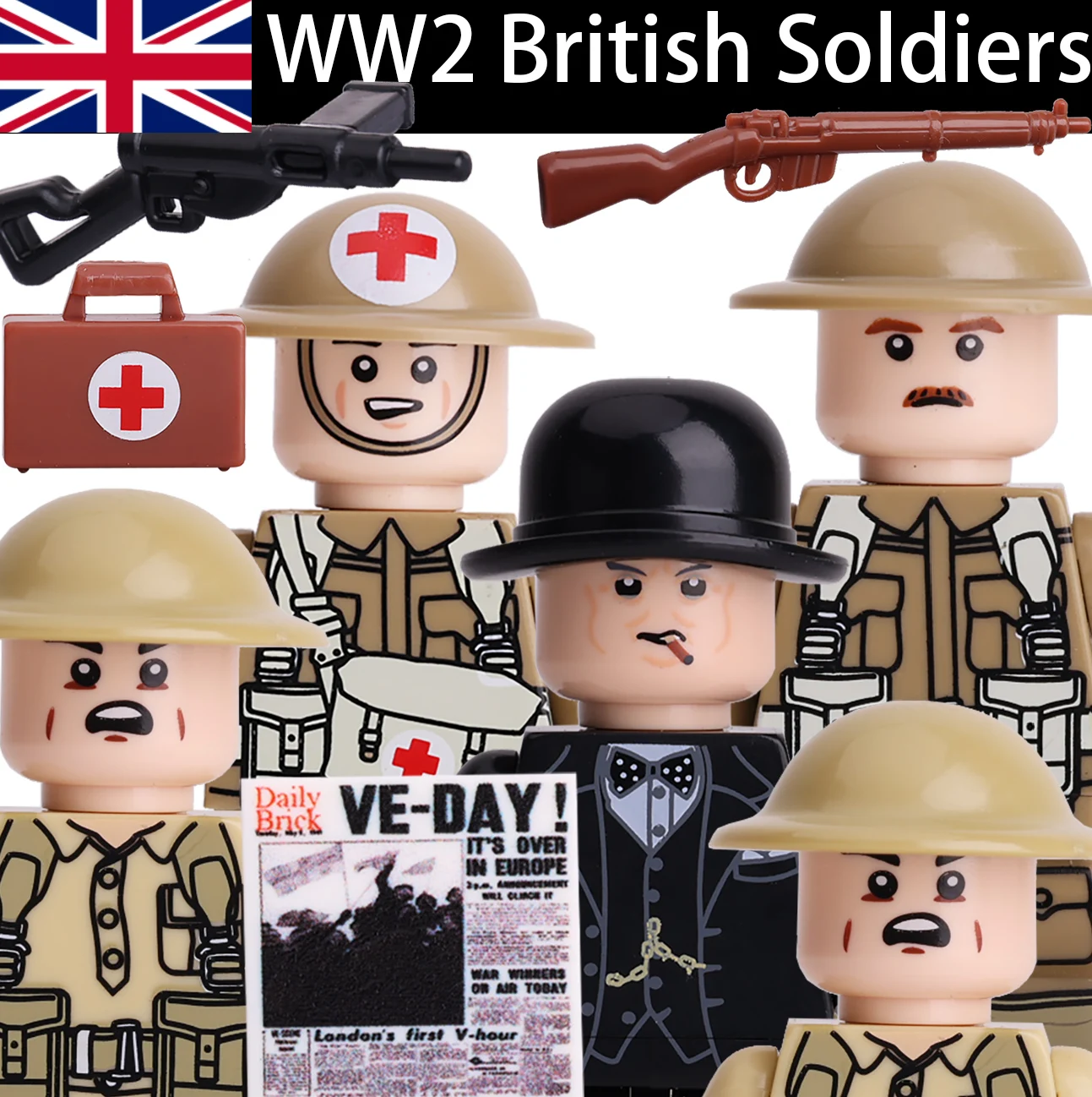 WW2 British Soldiers Figures Churchill Army Medical Corps Infantry Building Blocks War Scene Weapons Helmet Bricks Toys Boys