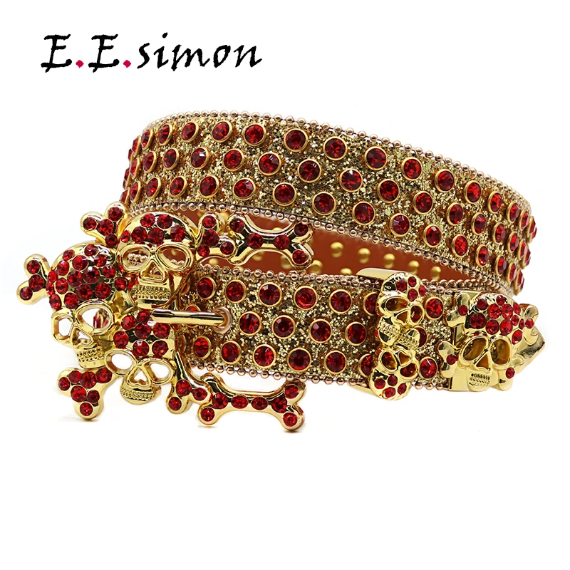 BIG Skull Belts Rhinestones Western Cowboy Cowgirl Sparkle Men Leather Studded Strap Famous Brand Designer Diamond Belt Women