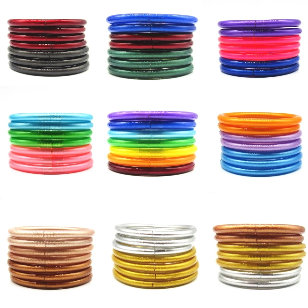 7Pcs/Set Multi-color Mix and Match Glitter Filled Silicone Jelly Bracelet Lightweight Buddha Girl Bracelets Bangle for Women