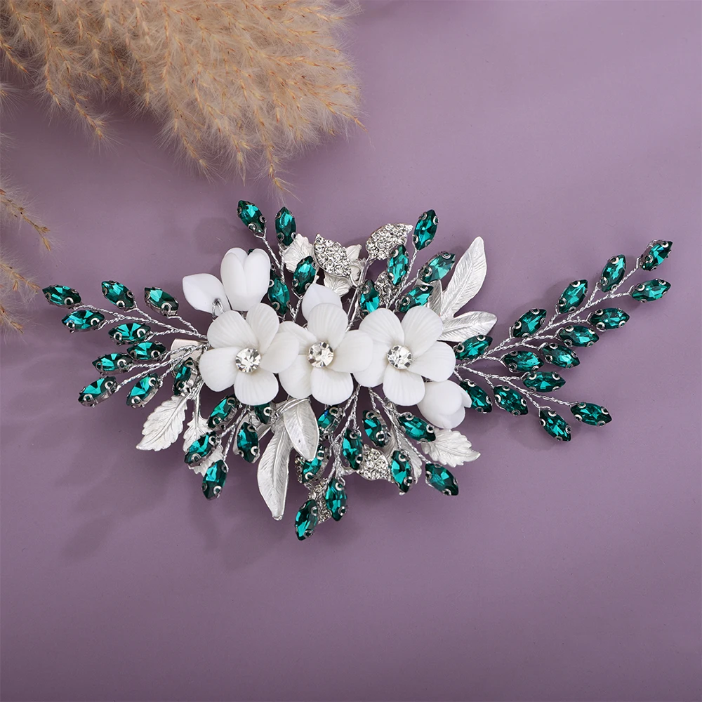 Bridal Hair Clip Rhinestone Flower Red Blue Wedding Head Accessories Jewelry Trendy Green 2025 Pink Headpice for Women new Sier Tiaras