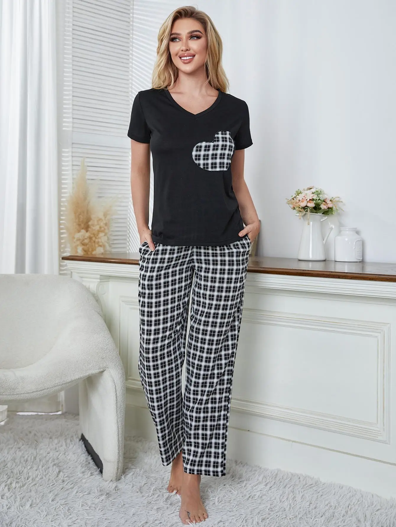 Summer Women's Pajamas Sets Short Sleeves V Neck Tops&Pants 2 Pieces Plaid Full-Length Trousers Sleepwear Nightwear Home Suit