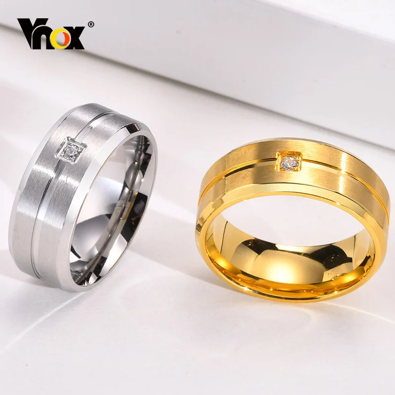 Vnox 8mm Men's Wedding Band, AAA CZ Stone Solitaire new 2025 Ring, Matte Stainless Steel Grooved Line Ring, Simple Casual Bridegroom Ring