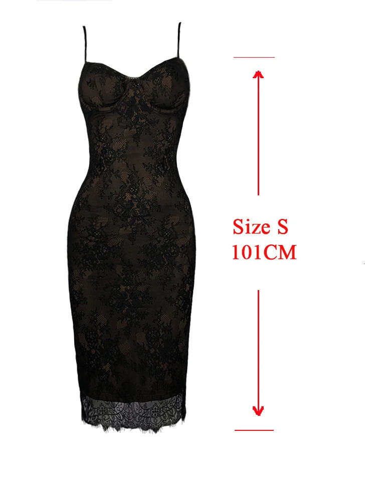 Suninheart Knee Length Lace Spaghetti Strap Dress Sexy Bodycon Party Dresses Black Slim Birthday Night Women Clothing 240518