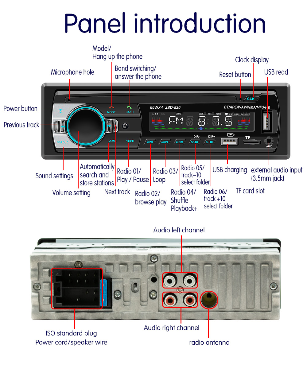 Car Radio Stereo Player Digital Bluetooth MP3 Player JSD-530 520 60Wx4 FM Audio Stereo Music USB/SD with In Dash AUX Input