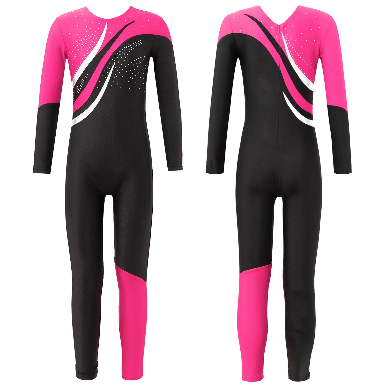 Kids Girls Boys Jumpsuit Dance Ballet Leotard Academic Gymnastics Long Sleeve Rhinestone Pants Jumpsuit Dance Classic Unitard