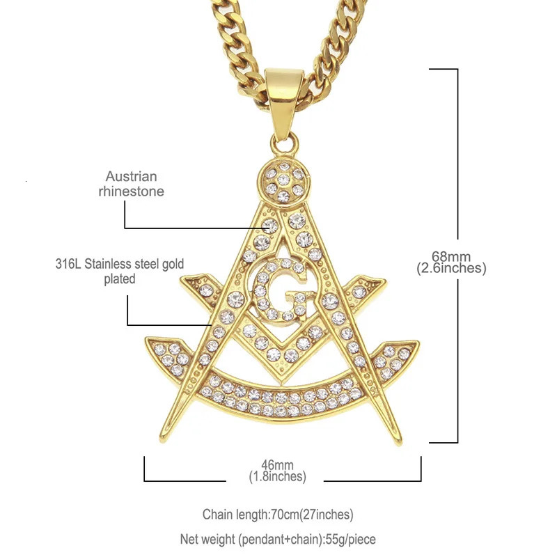 Hip Hop Bling Iced Out Rhinestones Stainless Steel Masonic Freemasonry Pendant Necklace for Men Rapper Jewelry 240514