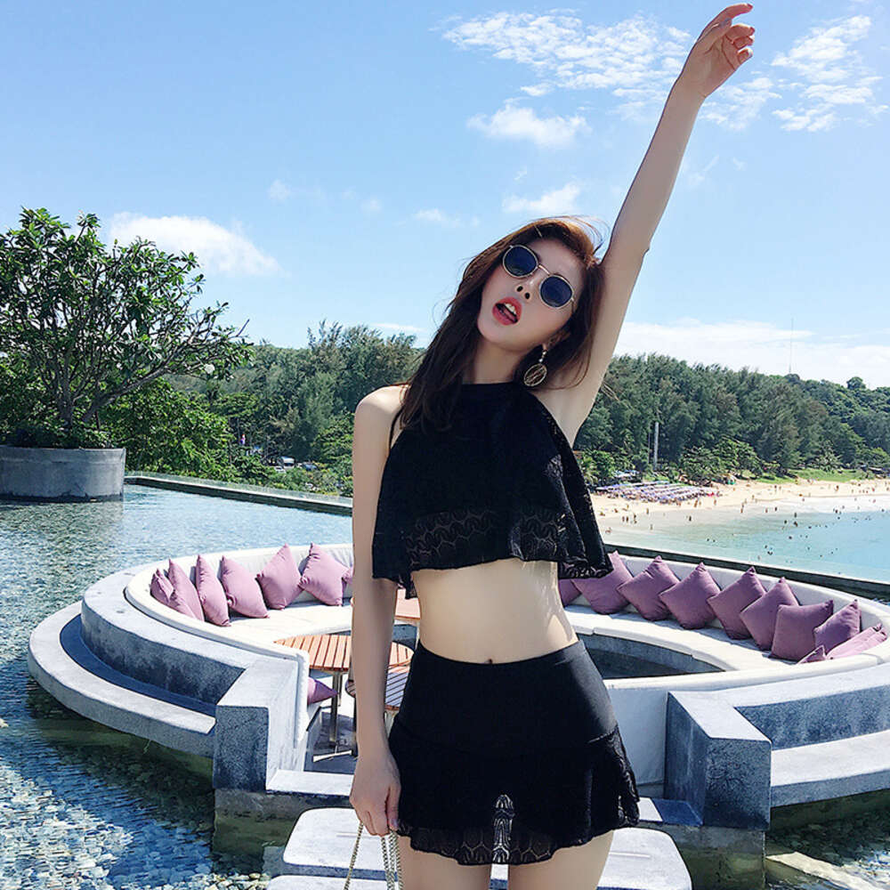 Ddmytiger South Korea Split Hot Springs Conservative High Waist Student Cover Belly Flat Corner Slim Gathering Lace Skirt Style Two Piece Swimsuit For