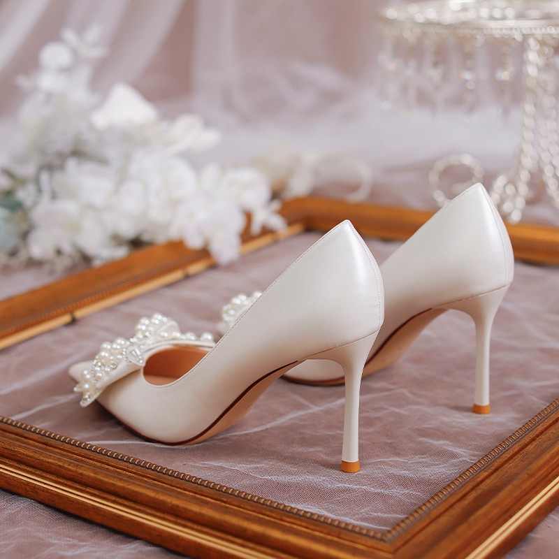 Rimocy Luxury Pearl Bowknot Wedding Pumps Women Sexy Stiletto Heels Party Shoes Woman Silk Pointed Toe Rhonestone Pumps Ladies