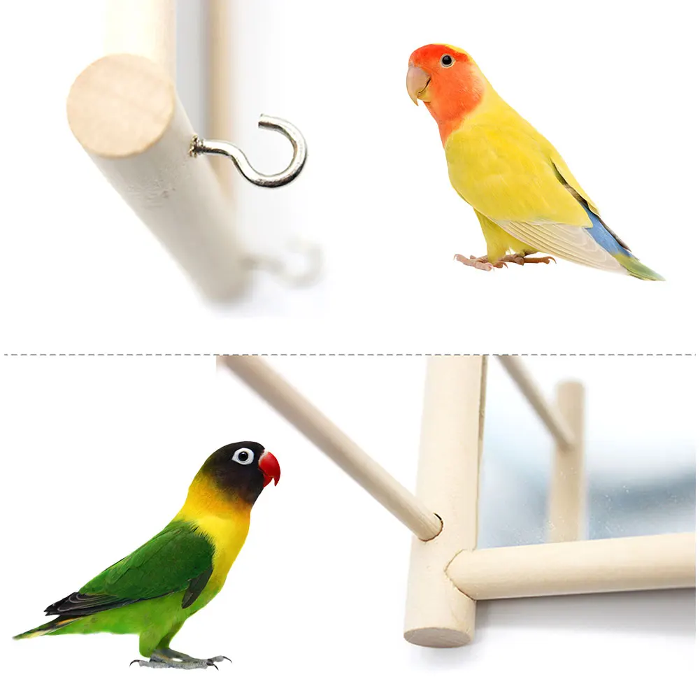 Parrots Mirror Wooden Playstand Bird Perches Playgym Paw Grinding Wood Standing Bar Rack for Parakeet Cockatiel Bird Supplies