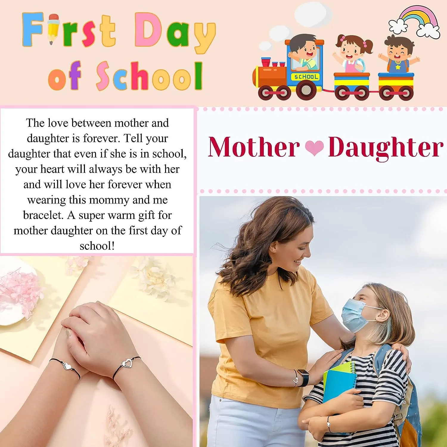 Matching Heart Mother Daughter Bracelets Back to School Bracelet Mommy and Me First Day of School Bracelet for Daughter Girls