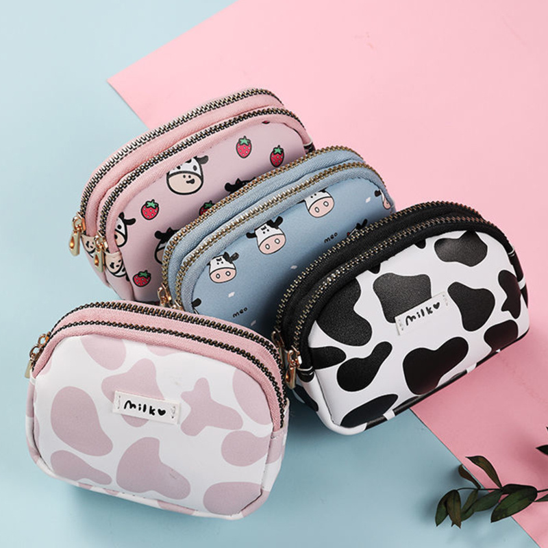 Women's Cute Wallet Cow Print PU Leather Business Card Holder Female Girl's Coin Purse Pouch Women Zipper Cartoon Wallet