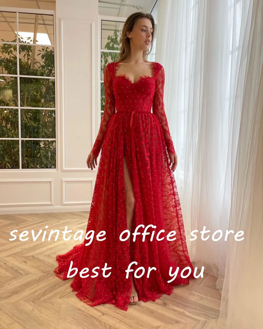 Sevintage Red Lace Appliques Beading Crystal Prom Dresses Long Sleeves Sweetheart A-Line Saudi Arabic Women Party Evening Gowns