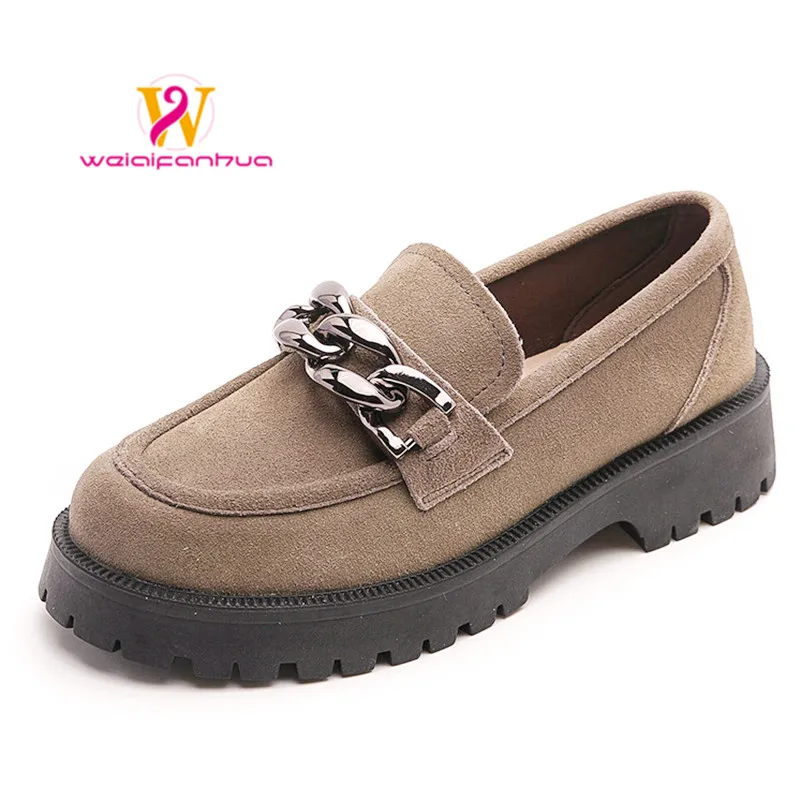 Women Loafers Suede Genuine Leather 2024 New Chain British Style Women Spring Shoes Large Size 41 42 Student Shoes Ladies High