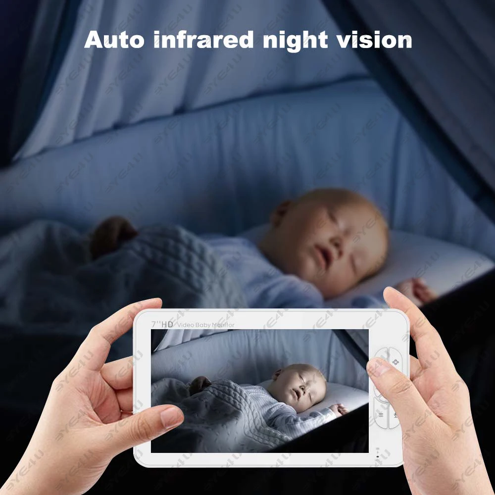 7 Inch Video Baby Monitor Pan Tilt 4X Zoom Camera 2.4G Mother Kids Surveillance Cameras With Temperature Display Screen Split
