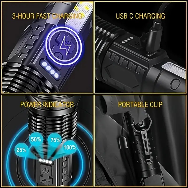 Rechargeable LED Flashlight Side Red Light Work Lamp Zoom Focus Torch With Power Display