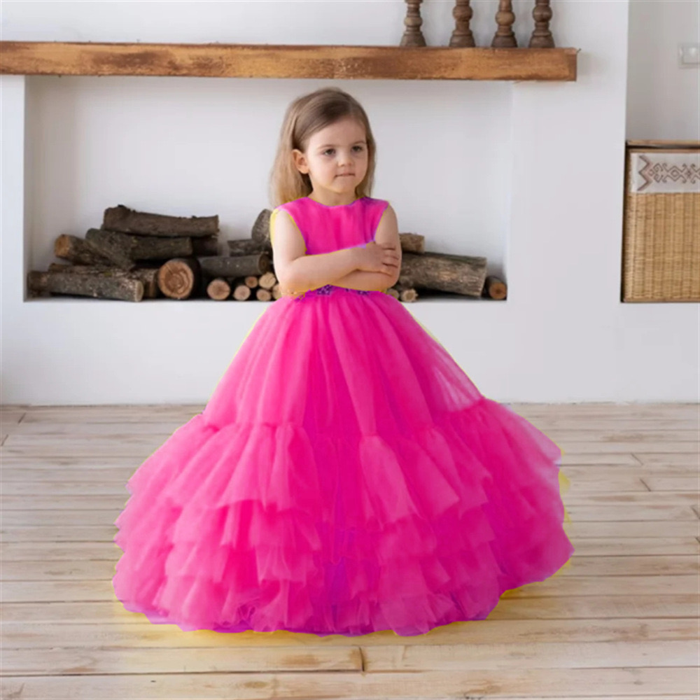 Kids Ball Gown Flower Girl Dresses for Wedding Formal Wear Elegant Birthday Dress 2024 yellow pink TUTU Cute Princess Kids blue Gown communion pageant