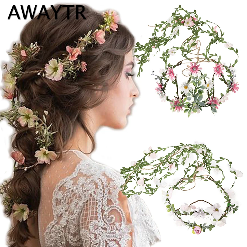 AWAYTR Women Girls Vine 2025 Flower Headband Bride Flower Crown Hairband Hair Accessories new Wedding Party Spring New Wreath Headwear