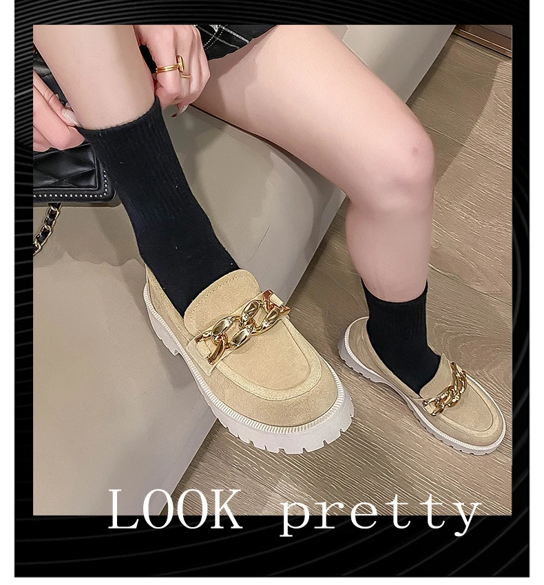 Women Loafers Suede Genuine Leather 2024 New Chain British Style Women Spring Shoes Large Size 41 42 Student Shoes Ladies High