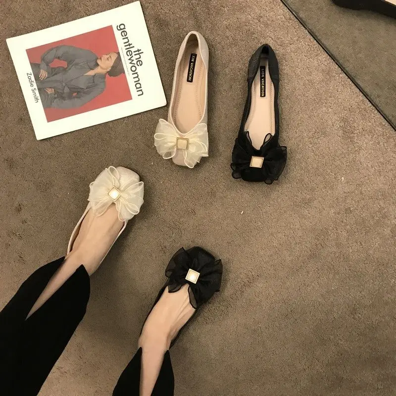 2025 Women Shoes Shallow Lace new Bowknot Soft Sole Size 34-42 French Style Round Toe Spring Autumn Sweet Elegant Flat with Shoes
