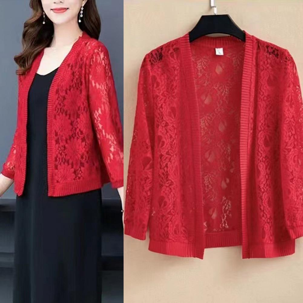 Women Floral Lace Cardigan Lightweight Women Summer Lace Cardigan Solid Color Sun-resistant Ladies Summer Short Top Cover Up