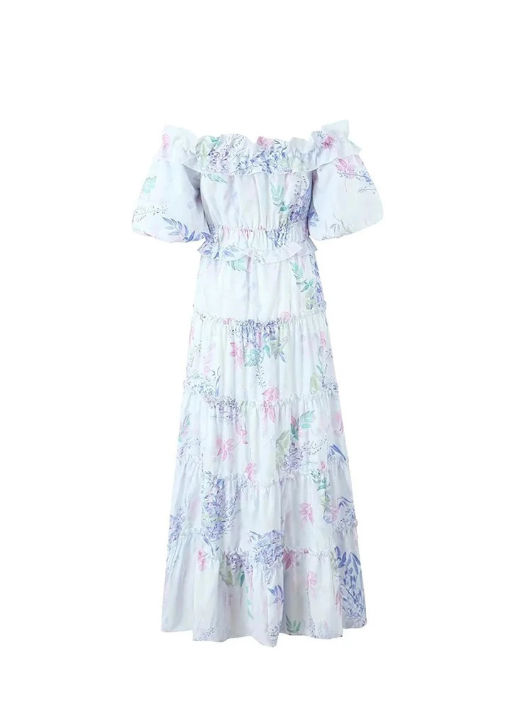 ZABA Ladies Casual Fashion Chiffon Floral Dress Short Sleeve Fairy Sweet Long Elegant Vintage French One Shoulder Dresses 240518