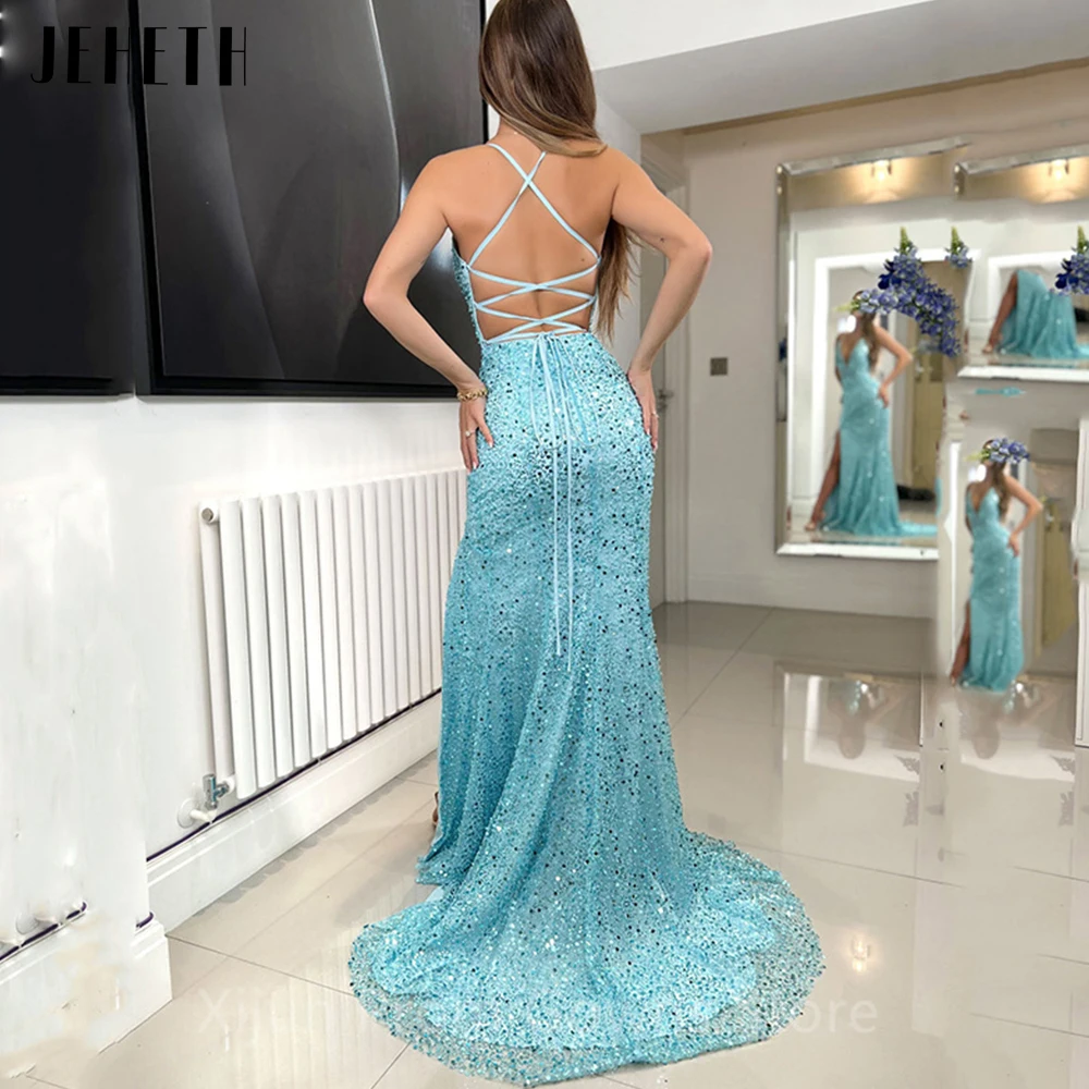 JEHETH Glitter Mermaid Prom Dresses Sexy Deep V Neck Long Evening Gowns Arabic Side Split Spaghettti Strap vestidos de noche