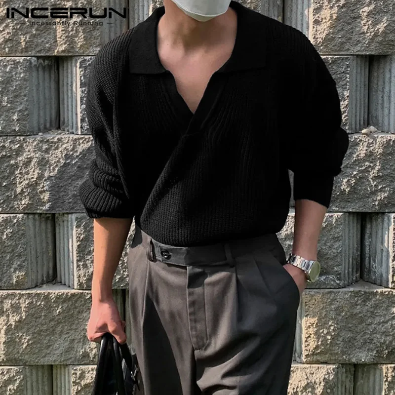 Men Shirt Solid Color Lapel Long Sleeve Knitted new 2023 Casual Shirts Korean Streetwear 2025 Stylish Leisure Men Clothing S-5XL INCERUN