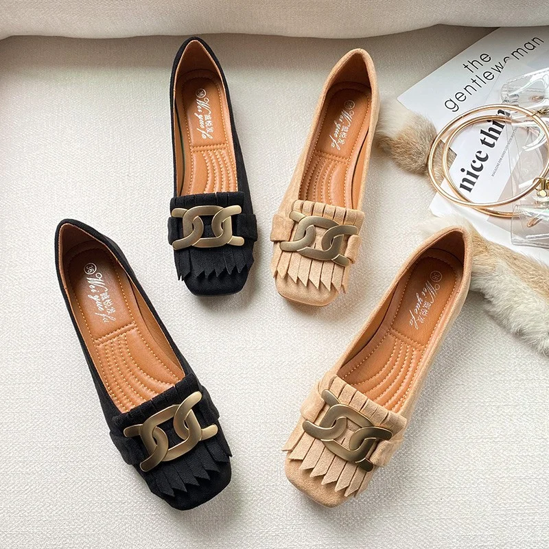Flat Shoes Woman Retro Tassels Square Shallow Single Shoes for Women 2023 New Metal Buckle Flat Loafers Women Big Size 45 45 46