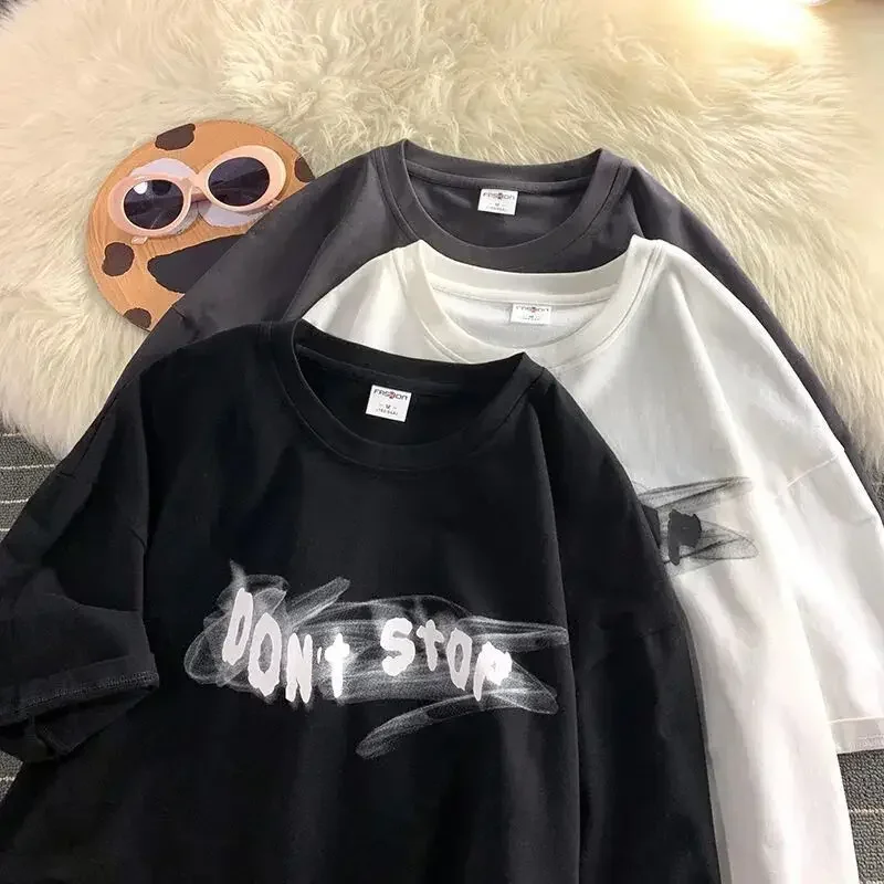 Summer creative letter 2025 printing small lovers loose new casual t-shirt versatile handsome men and women half sleeve short sleeve top