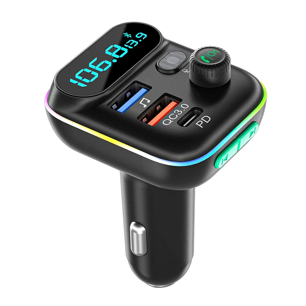 Car Bluetooth 5.0 FM Transmitter QC3.0 PD Type C Dual USB 2025 Car Charger new Ambient Light Handsfree Mp3 Player Support TF Card
