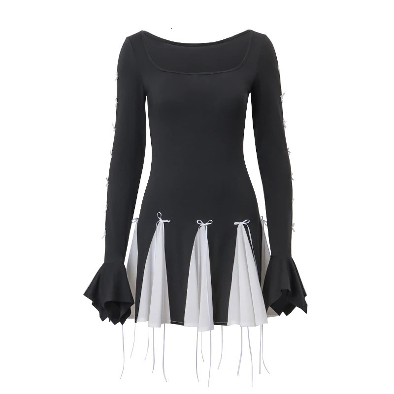 Xeemilo Autumn Bow Lace Up Slim Dress Aesthetic Long Sleeve Black White Patchwork Skinny Dresses Korean Fashion Party Vestidos 240518
