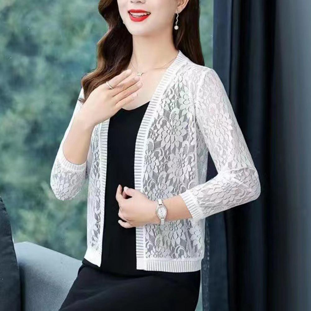 Women Floral Lace Cardigan Lightweight Women Summer Lace Cardigan Solid Color Sun-resistant Ladies Summer Short Top Cover Up