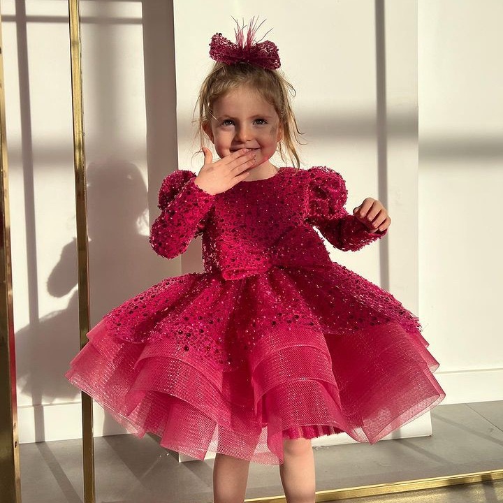 long sleeves Toddler Flower Girls Dresses For Weddings 2024 red sequined Girl Birthday Party Dress Ball Gown Little Girls Pageant Wear Princess Kids p