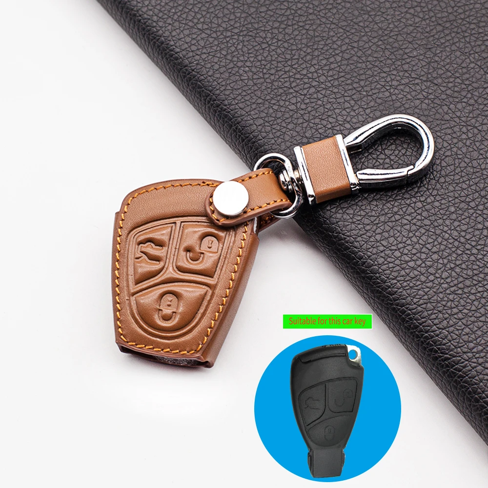 Leather Remote Car Key Fob Case Cover Holder Shell for Mercedes Benz C B E R Class GL CLS CLK SLK W203 W211 W204 3 Buttons Chain