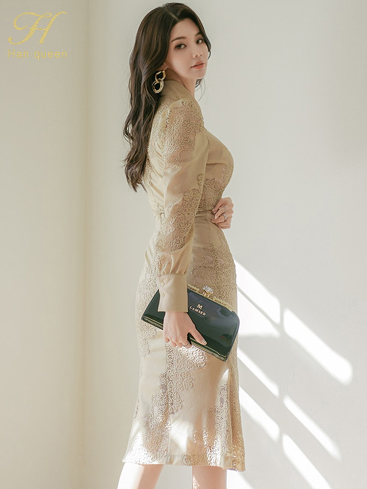 H Han new 2025 Queen Hot Sales Spring Lace Skirts Suits Women's Elegant Korean Long Sleeve Top + Pencil Mermaid Casual Party 2-Piece Set