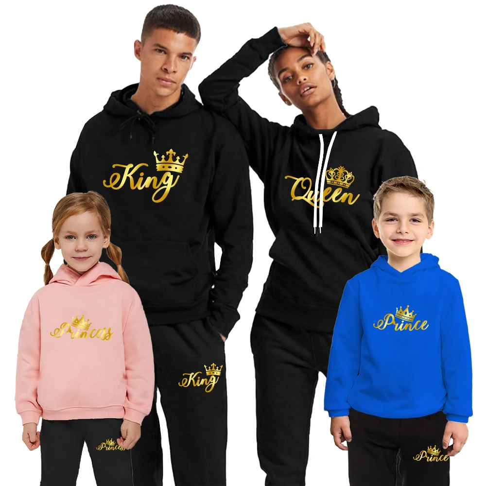 Parent Children's Family Clothes King Queen Prince new Parent-Child Tracksuits Women Men Boys Girl Kids Hoodies 2025 + Pants 2 Piece Set