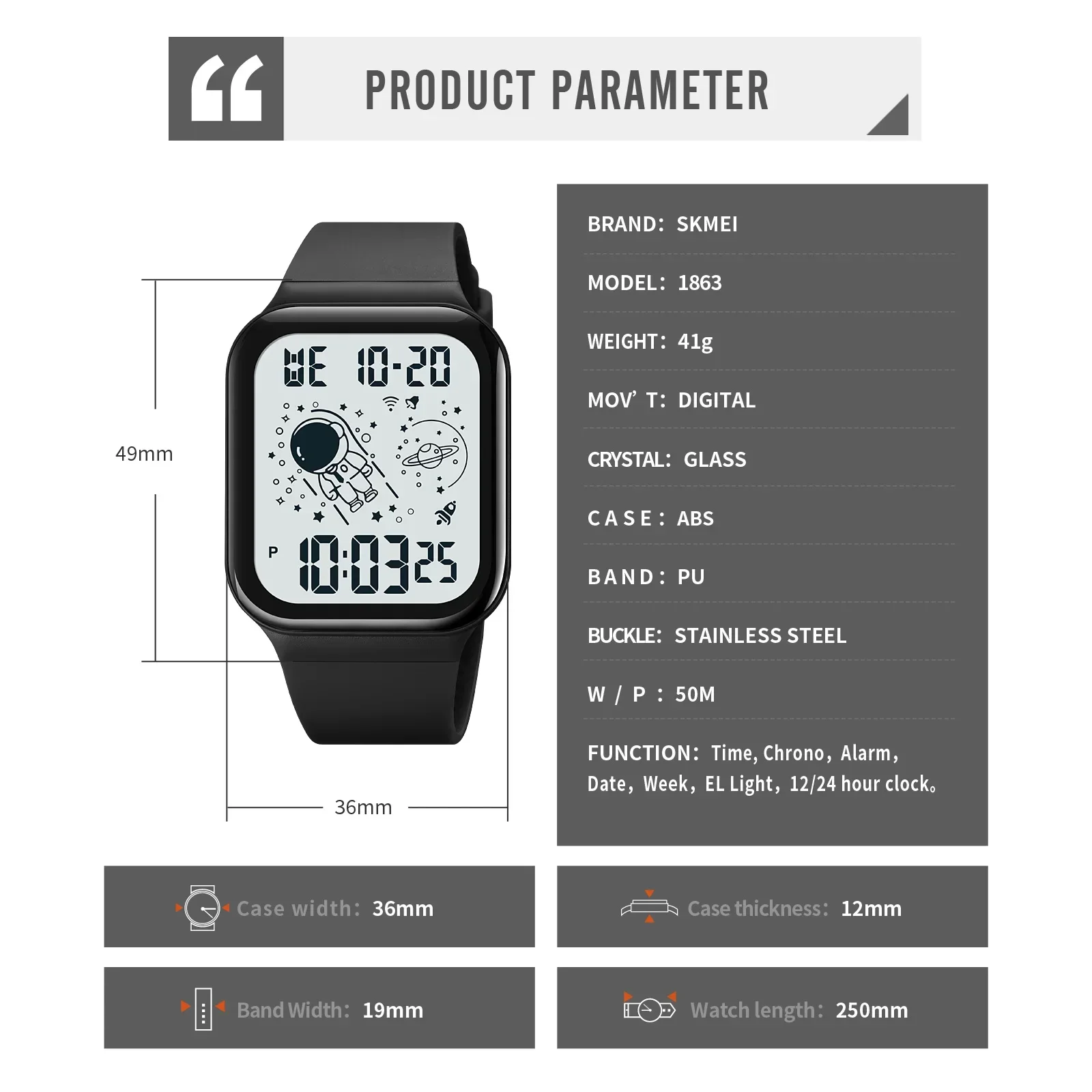 SKMEI Back Light Display Wristwatches For Mens 5Bar Waterproof Watch reloj hombre Creative Astronaut Dial Calendar watch 1863