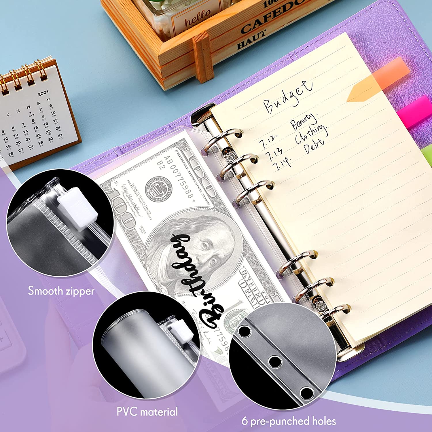 A6 PU Leather Budget Binder Cash Envelopes Planner Organizer, with Zipper Envelopes, Expense Budget Sheets for Financial Saving