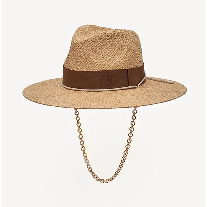 Chain Strap Straw Fedora Hat Embellished Beach Hats with Chain For Women Straw Woven Sun Hats Summer Holidaty Panama Hat