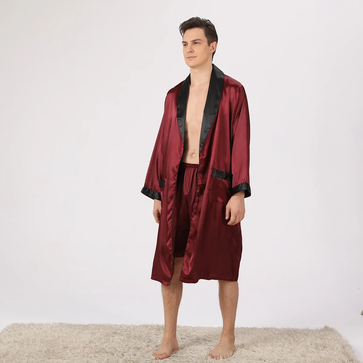 Men Satin Kimono Robe Short Pants Sleep Set Male V-Neck Nightwear Sleepwear Home Dressing Gown Loungewear Pajamas Bathrobe