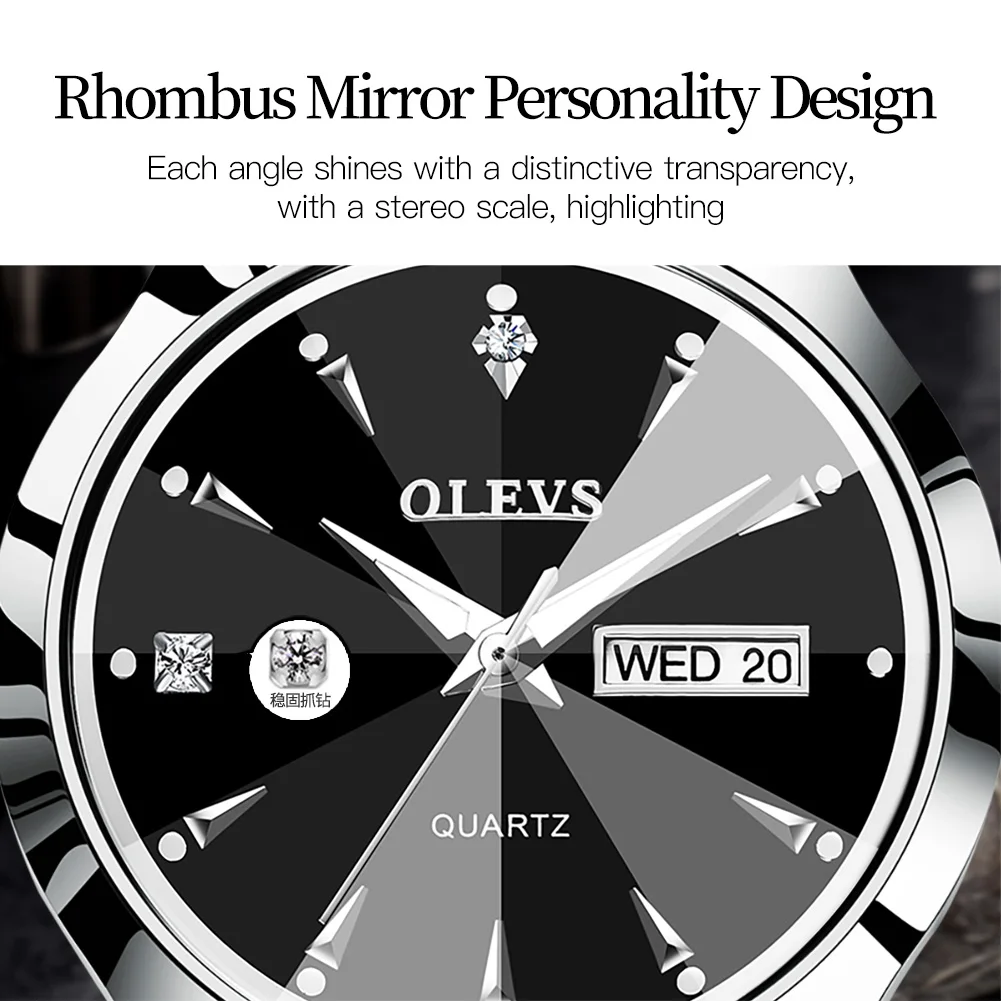 OLEVS Tungsten steel Ladies' Watches Set Rhombus Mirror Waterproof Luminous Calendar Gold Wristwatch Quartz Watch for Women Set