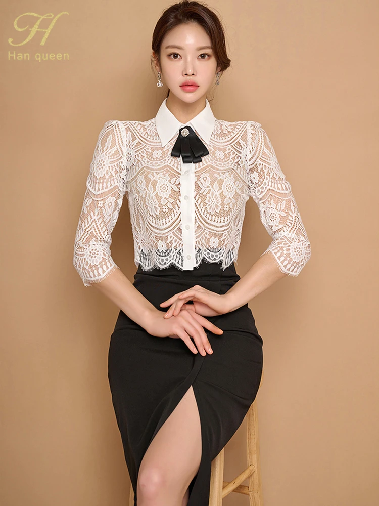 H Han Queen Elegant 2023 new Summer 2 Pieces Set 2025 Women Bow Lace Tops + High Waist Slit Pencil Skirts Casual Simple Office Skirt Suit