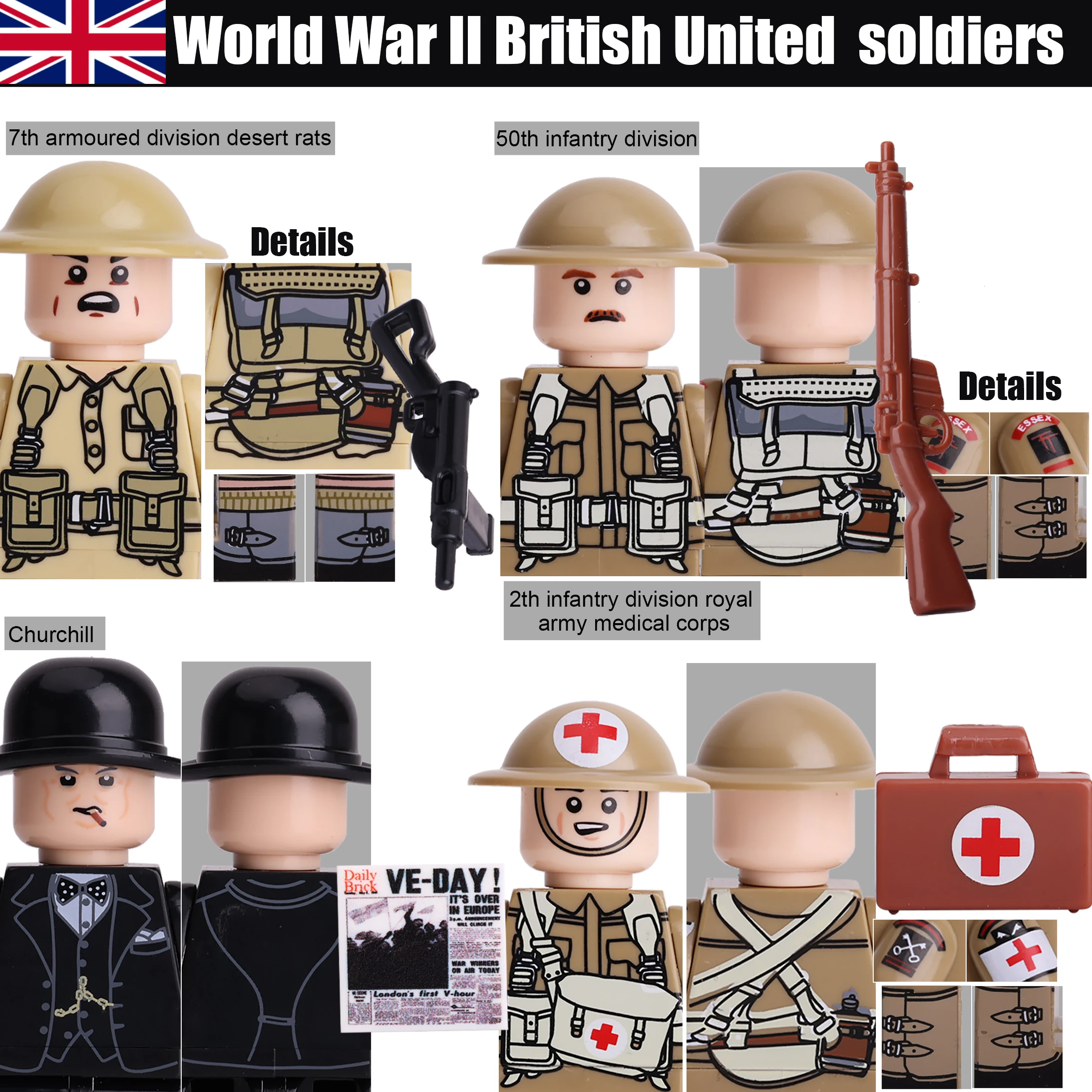 WW2 British Soldiers Figures Churchill Army Medical Corps Infantry Building Blocks War Scene Weapons Helmet Bricks Toys Boys