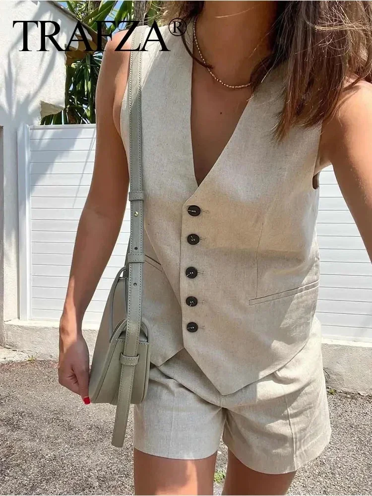 TRAFZA Women Pant Sets Vintage Solid Single Breasted V Neck Waistcoat Tops + Slim Zipper Fly Shorts Summer Office Lady Suits