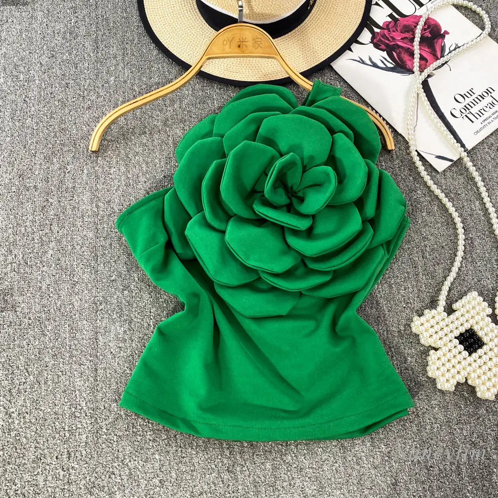 Pure Hot Girl Three-Dimensional Large Flower Diagonal Collar Single-Shoulder Suspender Tank Women Y2K Top Outer Wear Slim Fit