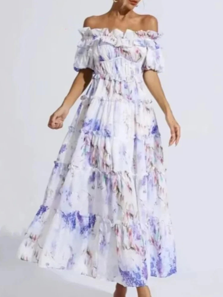 ZABA Ladies Casual Fashion Chiffon Floral Dress Short Sleeve Fairy Sweet Long Elegant Vintage French One Shoulder Dresses 240518